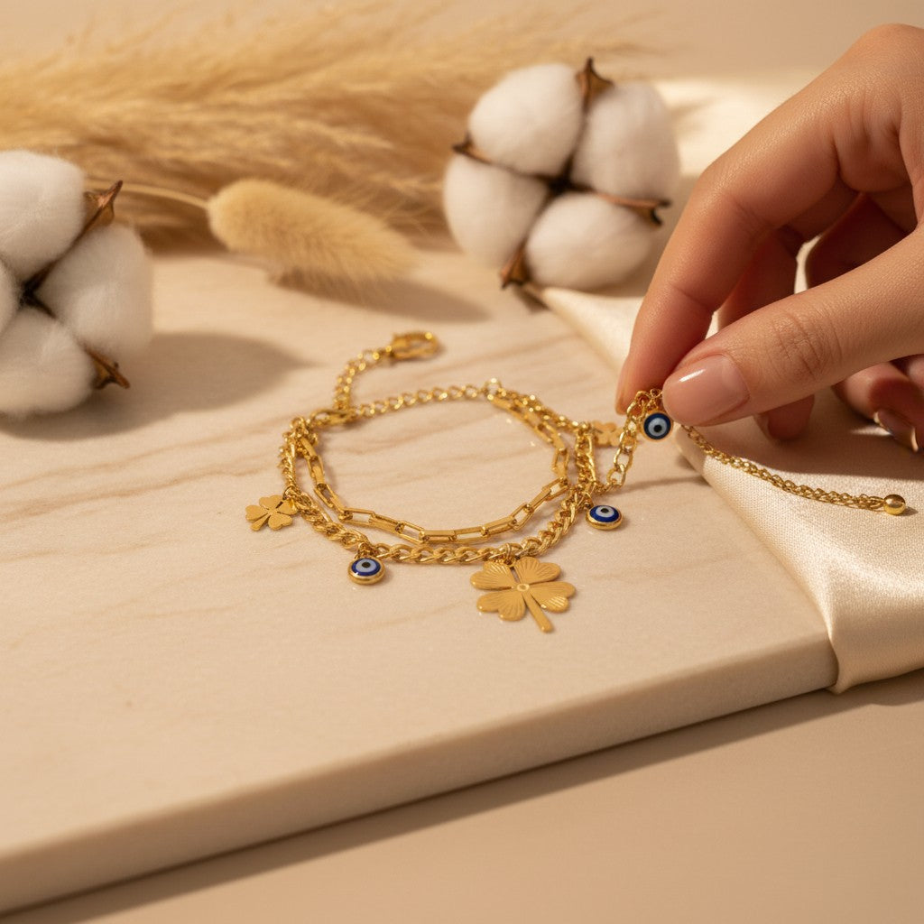 Fortuna Layered Clover & Evil Eye Bracelet