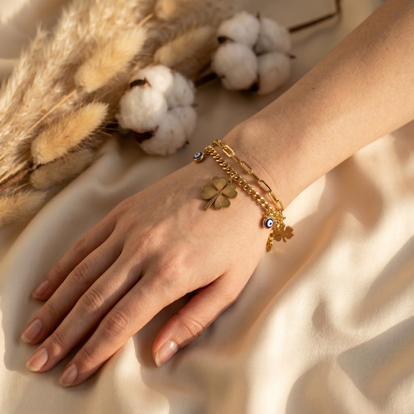 Fortuna Layered Clover & Evil Eye Bracelet