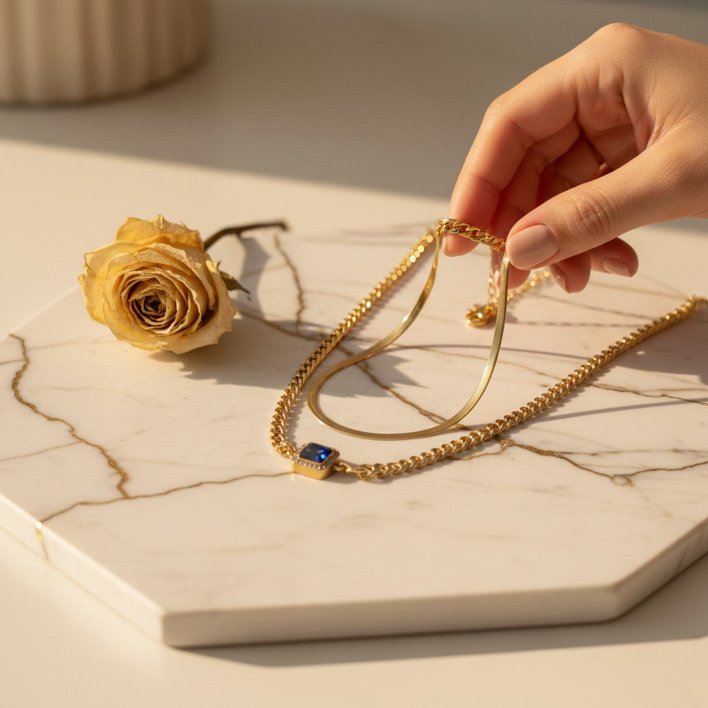 Reale Cuban Chain & Blue Stone Layered Necklace