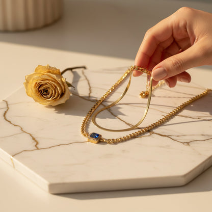 Reale Cuban Chain & Blue Stone Layered Necklace