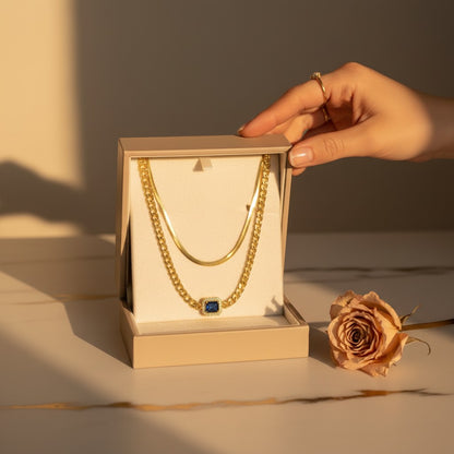 Reale Cuban Chain & Blue Stone Layered Necklace