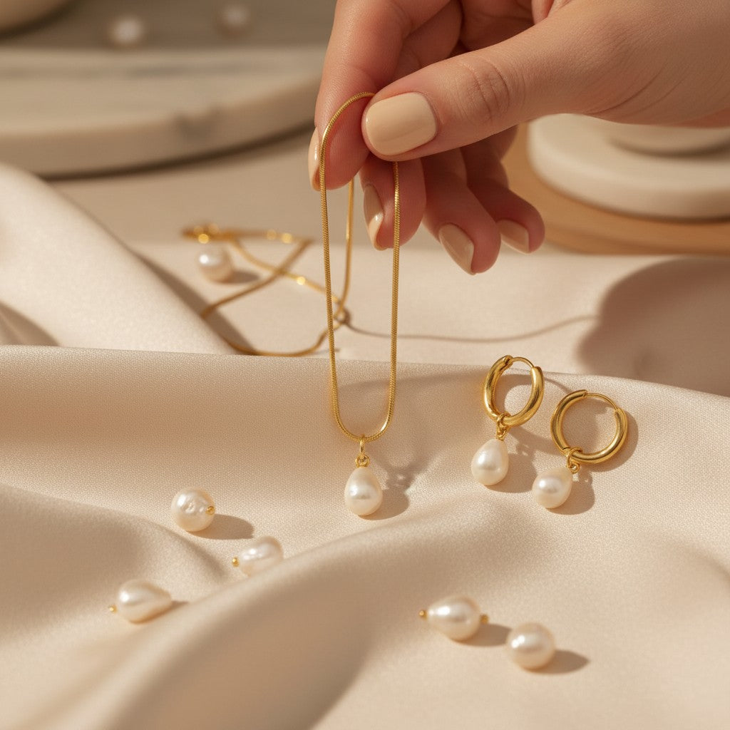Perla Baroque Pearl Earrings & Necklace Set