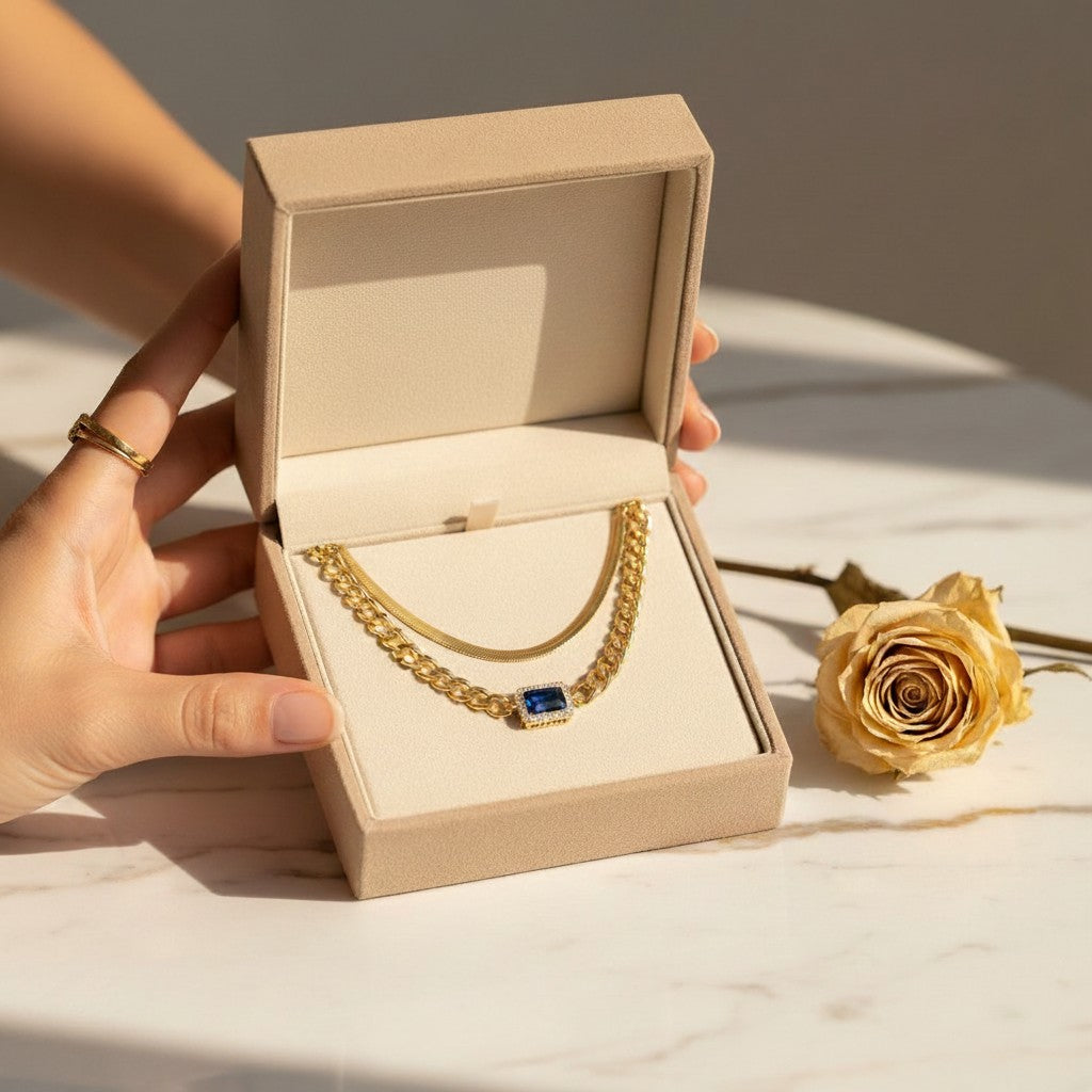 Reale Cuban Chain & Blue Stone Layered Necklace