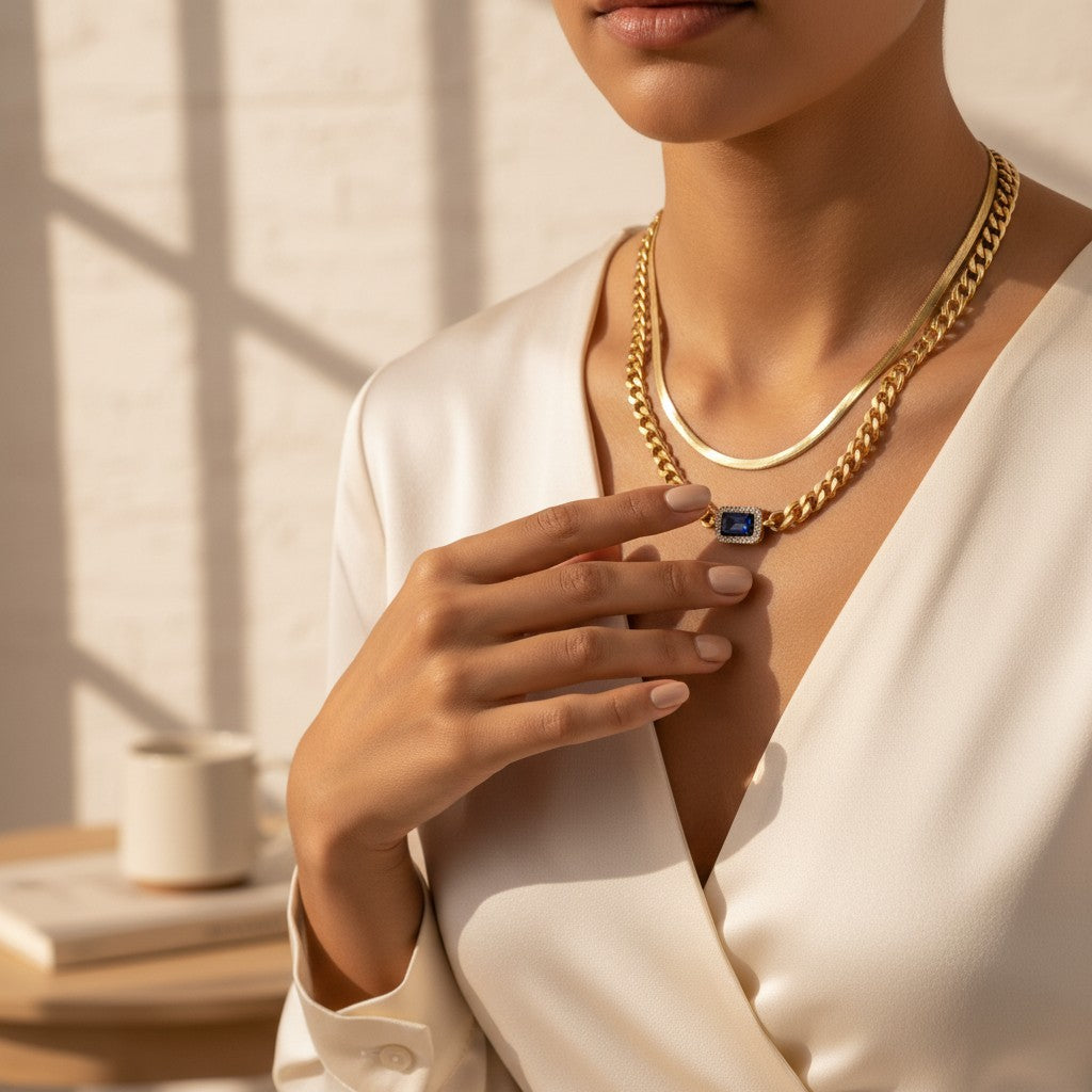 Reale Cuban Chain & Blue Stone Layered Necklace