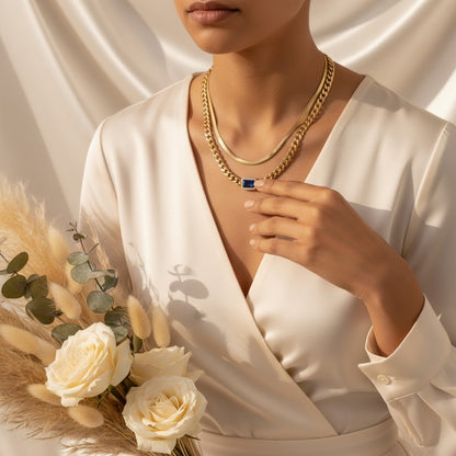 Reale Cuban Chain & Blue Stone Layered Necklace